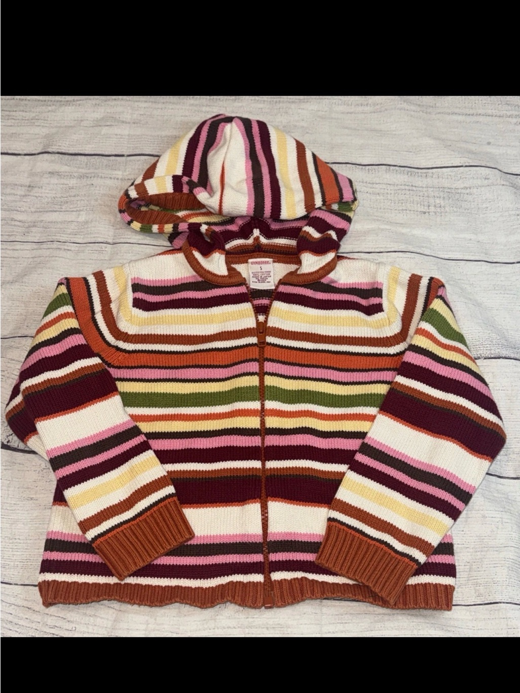 Vtg Gymboree Cute As A Button Striped Zip Up Hooded Sweater 5 100% Cotton Red